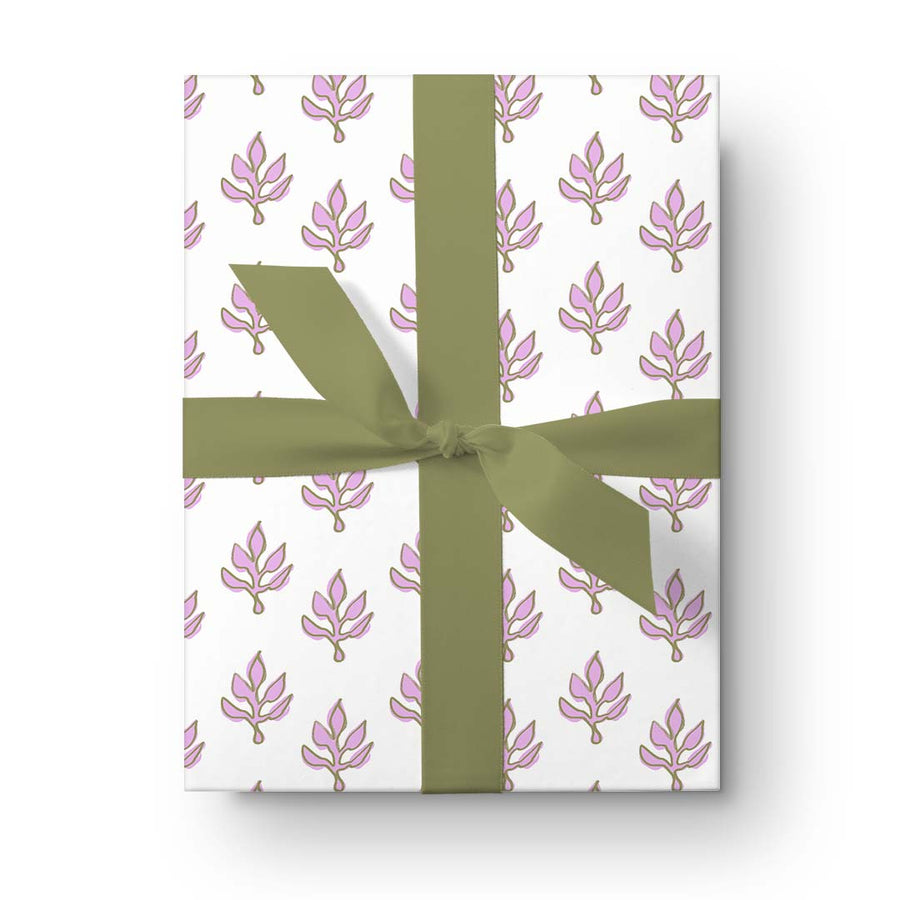 Matte Green and Beige Floral Block Print Gift Wrap Paper Sheet